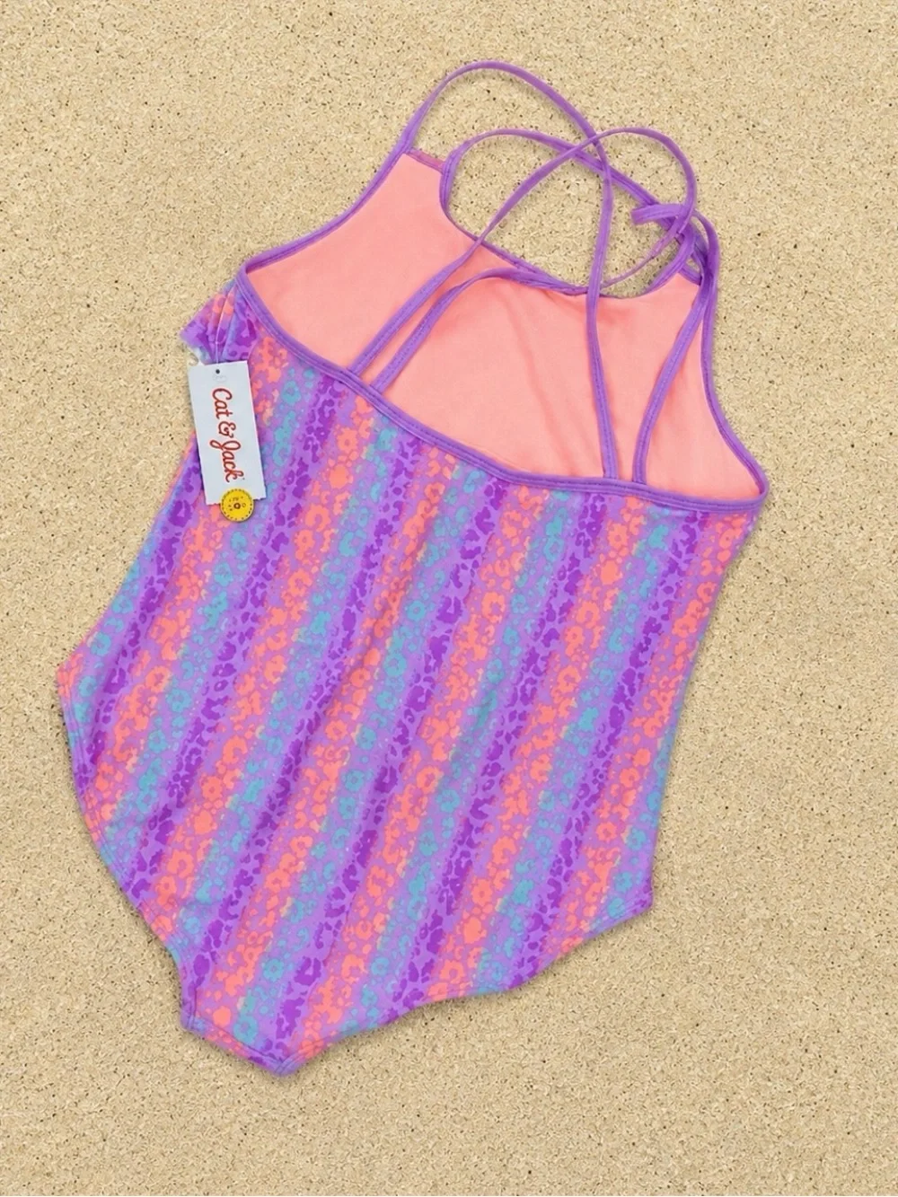 Cat & Jack XL Plus Purple Pink Leopard Ruffle One Piece Swimsuit UPF 50+ NWT